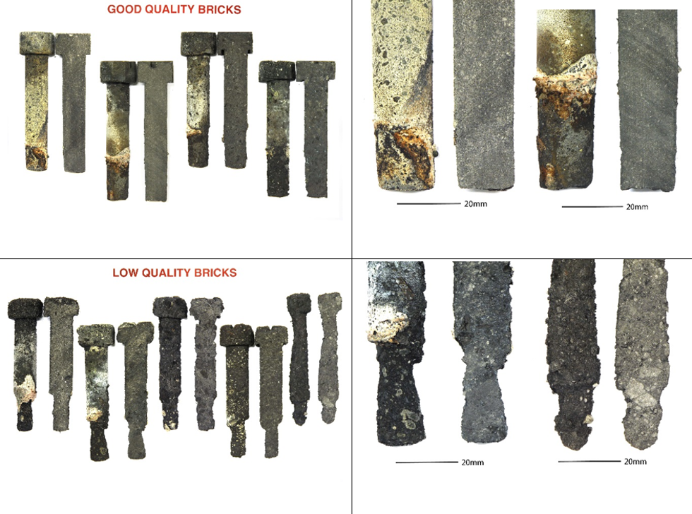 Examples of good quality and low quality bricks after finger tests
