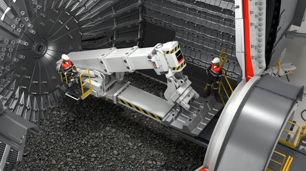 Metso Outotec reline machine and reline crew inside a mill