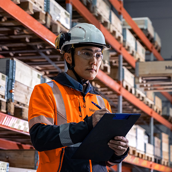 Warehouse manager inspects products