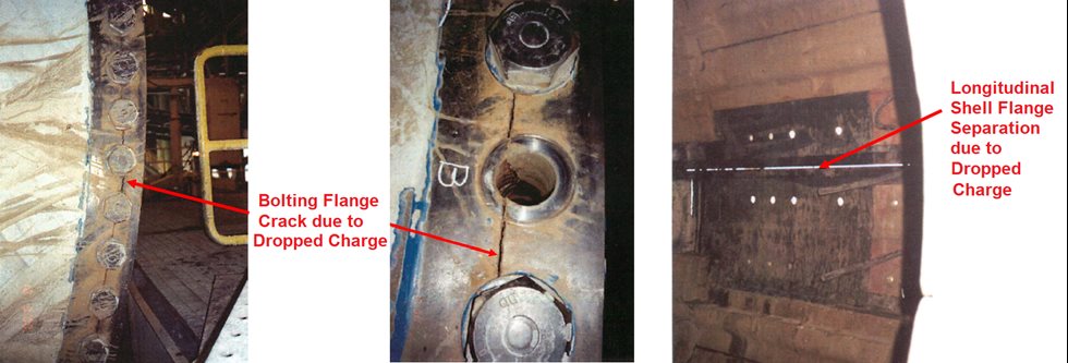 Showing cracks and separation in grinding mill bolt and shell flanges due to dropped charges