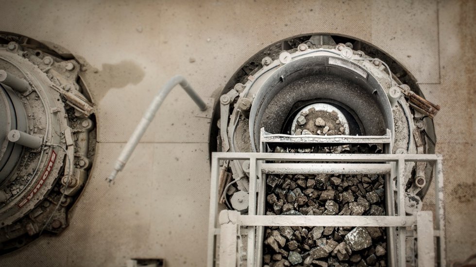 Two cone crushers pictured from above.