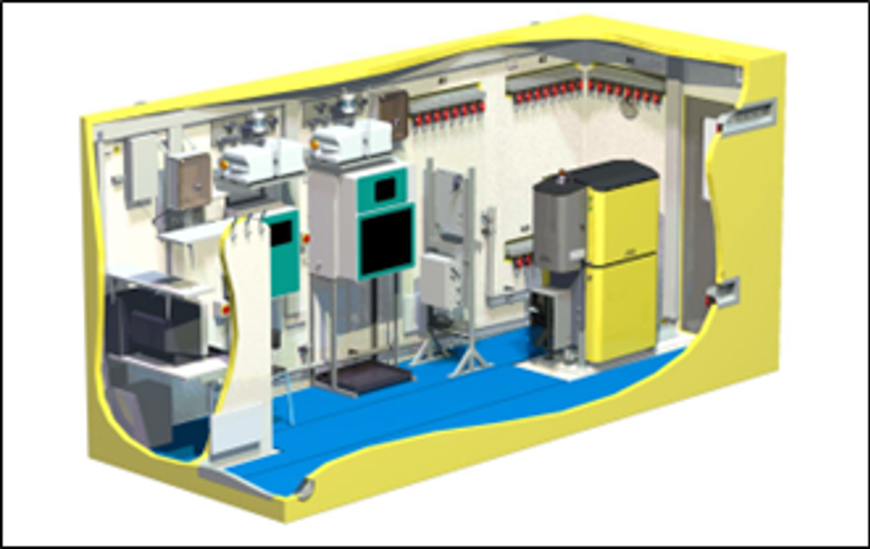 Vista de una sala modular  Metso Outotec  de analizadores en Línea –pre-ensamblada y pre-cableada en fábrica incluyen-do una estación de trabajo– en tamaño container de FRP- resistente a los químicos y ácidos -  y  una vista de su transporte sobre camión.