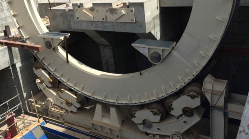 Railcar dumper trunnion under maintenance.