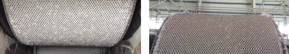 Non-flanged HPGR roll after 10,702 hours vs. Flanged HPGR roll after 16,200 hours (flanges removed)