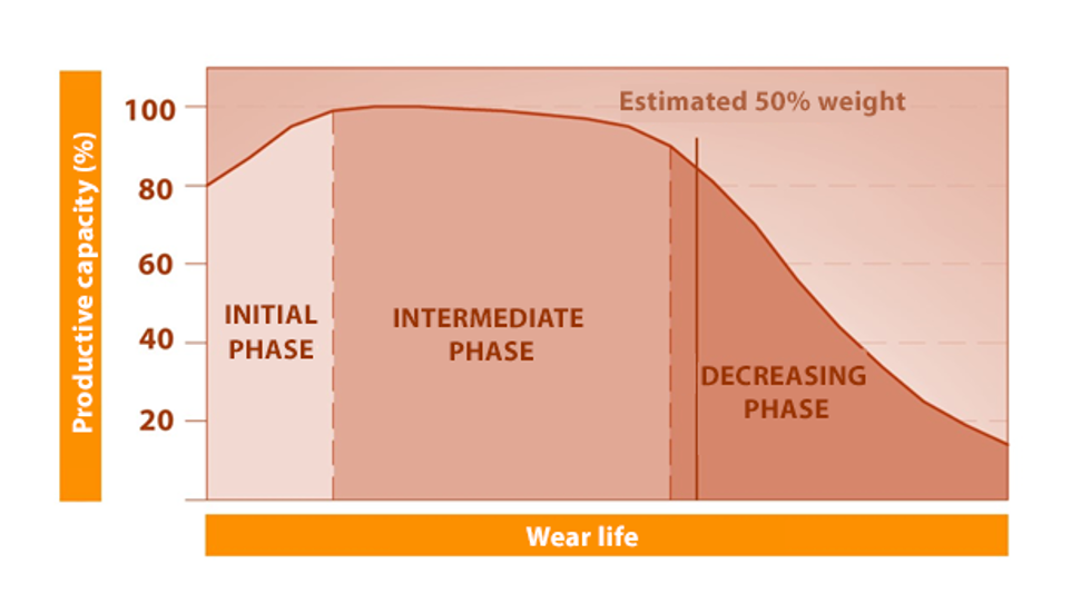 Graph showing the phases of wear. 