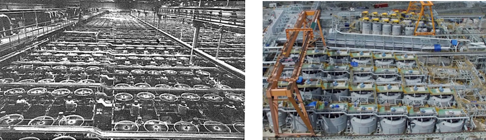 1976 vs 2018. L: The Anaconda C.E Weed concentrator 10 rows of bulk flotation , 24 cells per row (Palagi and Stillar, 1976). R: Cobre Panama