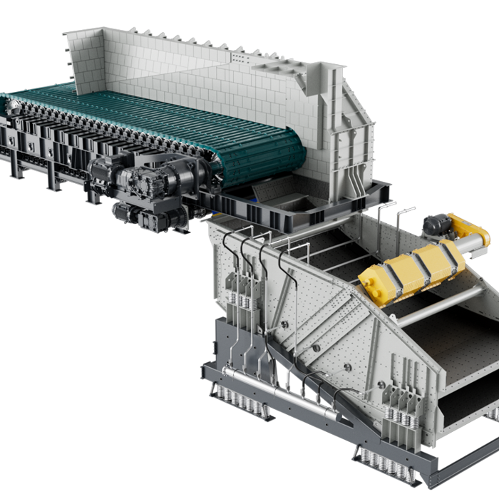 Grey Apron feeder with teal plates and conveyor underneath to catch material, in arrangement with crusher