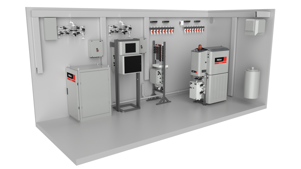 Courier HX analyzer system. The layout example is equipped with optical emission spectroscopy, X-Ray Fluorescence and automatic titrator analyzers.