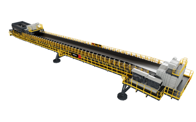 Long dark grey belt feeder with yelllow safety guards lining the entire structure. Dark grey hopper on the left side and the right side has safety guarded walkway surrounding the dark grey drive and lighter grey box chute with top access and more yellow safety walkways. Black, white and orange Metso branding on the center of the front safey guard.Long dark grey belt feeder with yelllow safety guards lining the entire structure. Dark grey hopper on the left side and the right side has safety guarded walkway surrounding the dark grey drive and lighter grey box chute with top access and more yellow safety walkways. Black, white and orange Metso branding on the center of the front safety guard.
