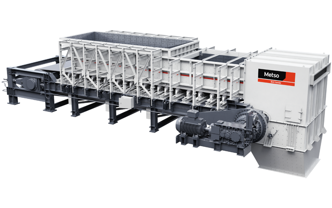 Long white belt feeder with hopper and box chute sitting over a grey belt with a grey drive all supported by hydraulic take up