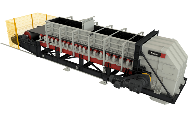 Wide grey belt feeder with yellow safety guards on the left, grey elongated hopper above 90% of the arrangement adjecent to the grey box chute on the right, and black drive in the front towards the lower left corner box chute.  Black, white and orange Metso branding on the top center of the box chute.