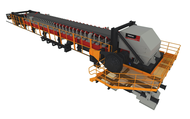 Long durable grey belt with orange safety guards lining the front and right side with safety guarded walkway around the black drive and grey box chute. Black, white and orange Metso branding on the top center of the box chute.