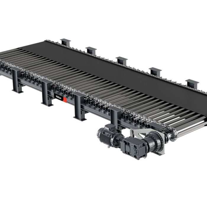 Grey cut dribble belt conveyor with Metso branding