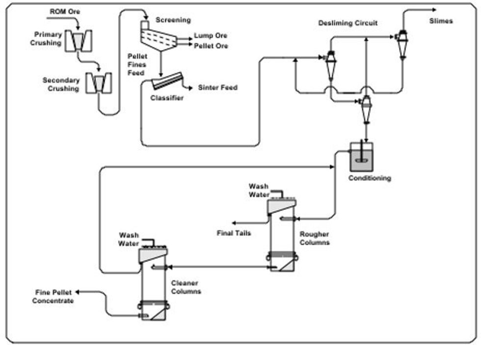 Process with columns in rougher and cleaner stages