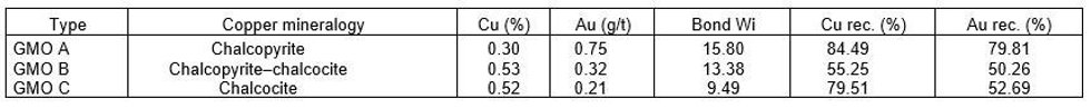Geometallurgical ore types (GMO) and main characteristics