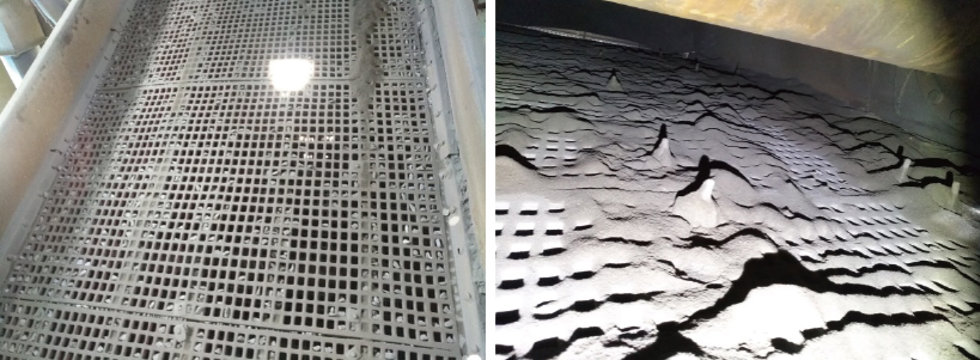 Severe blinding conditions on #2 screen's upper (left) and lower (right) polyurethane screen media.