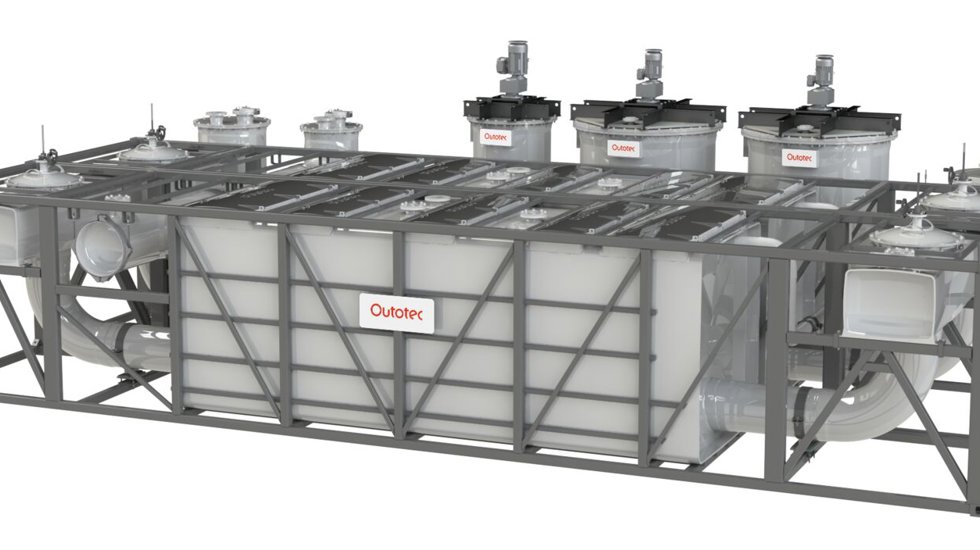 Mezclador-decantador Metso Outotec  VSF®X con una bomba de impulsión Metso Outotec DOP®, estanques de mezclado Metso Outotec SPIROK®  y barreras  de separación Metso Outotec DDG® combinados con tubería integrada y pasarelas modulares, (marca Registrada de Metso Outotec).
