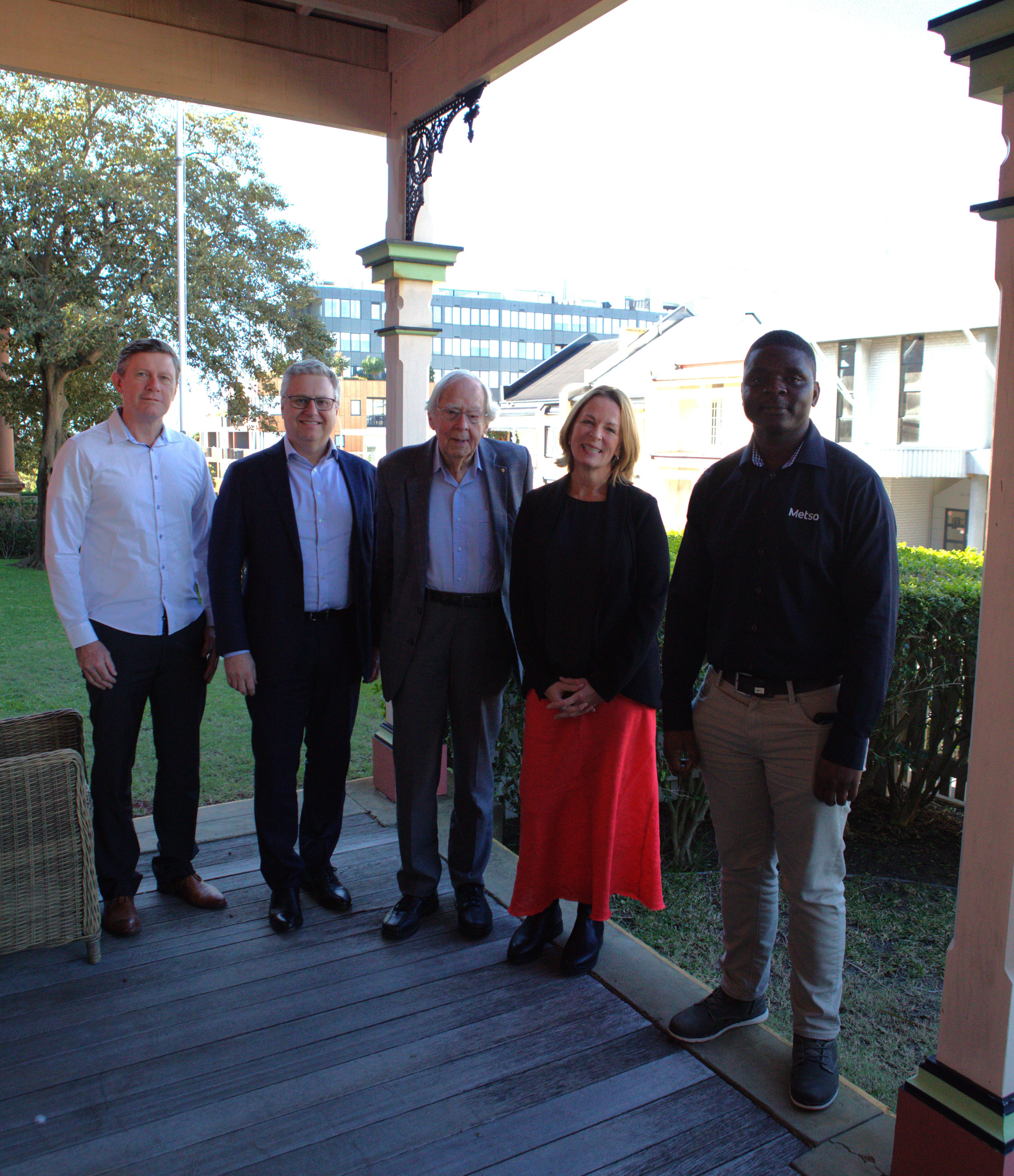 Post-interview with Prof Jameson, reflecting on his long career and industry recognition —joined by the Metso crew (L to R - Michael Hughes, Stuart Sneyd, Prof Graeme Jameson, Laura White, Pheneas Chikerema)