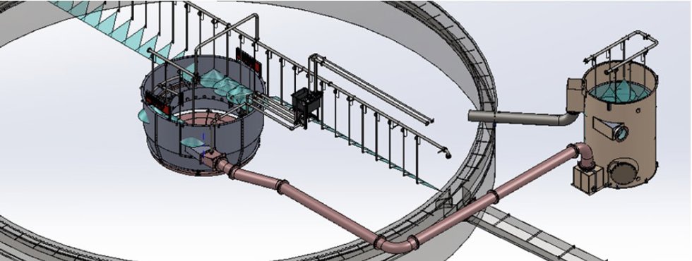 Upgrade feed system and froth management components. Including Reactorwell™, external feed de-aeration tank and froth suppression sprays (bridge, drive and raking mechanism omitted for clarity)